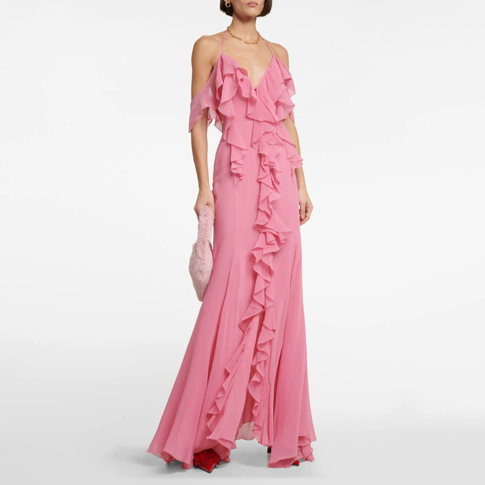 ZARA Deep Slit Halter Backless Pink Ruffle Formal Maxi Dress